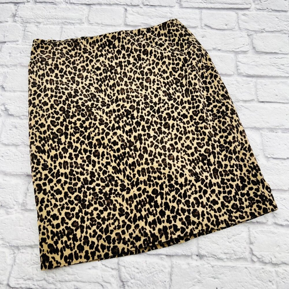 Talbots Stretch Pencil Skirt 8 Petite Tan Black Cheetah Leopard Print Microfiber